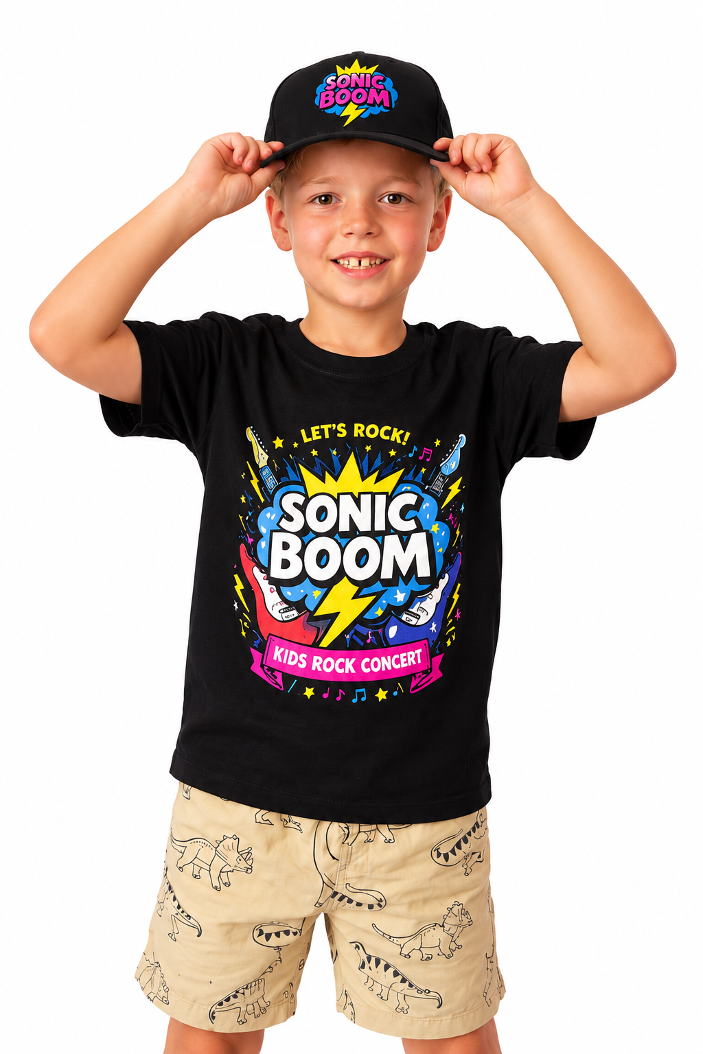 Child model wearing black Sonic Boom t-shirt and cap