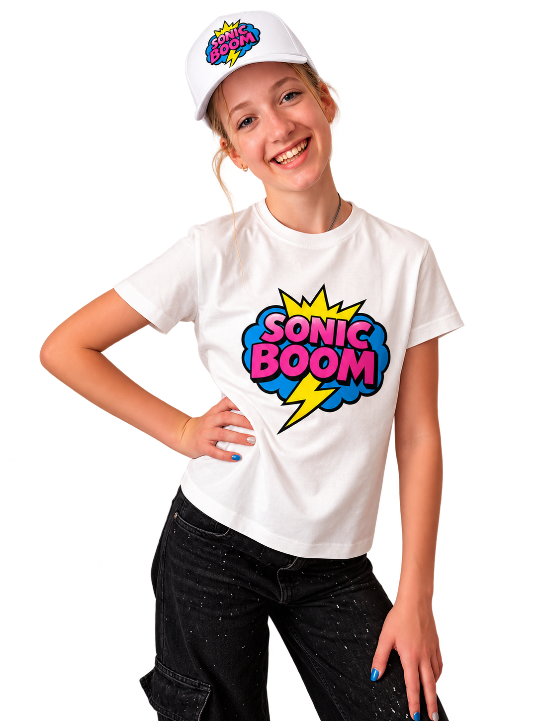 Model wearing white Sonic Boom t-shirt and cap